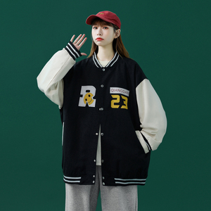 J902P59中性风港风拼色夹克字母印花情侣青年棒球服宽松休闲