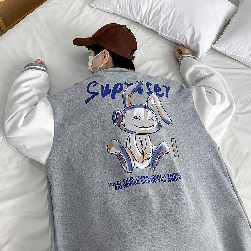 Y8889P55室内港风拼色棒球领港风情侣棒球服兔子印花开衫卫衣,男装卫衣,电商A050