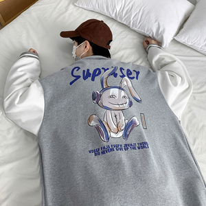 Y8889P55室内港风拼色棒球领港风情侣棒球服兔子印花开衫卫衣