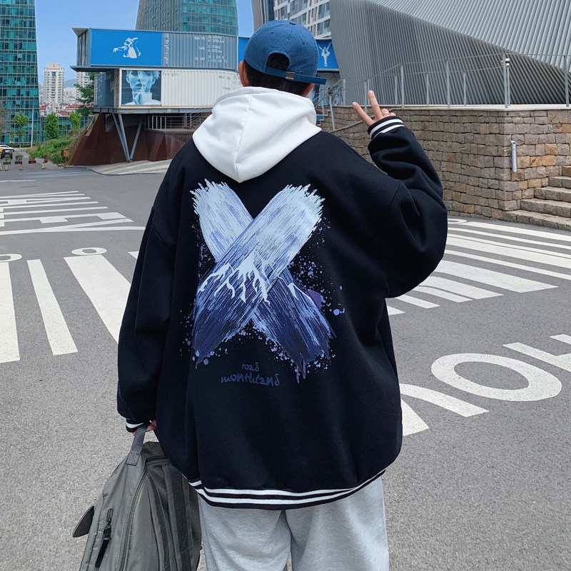 Y8888P55港风外景棒球领开衫宽松港风卫衣雪山印花学生情侣潮,男装卫衣,电商A050