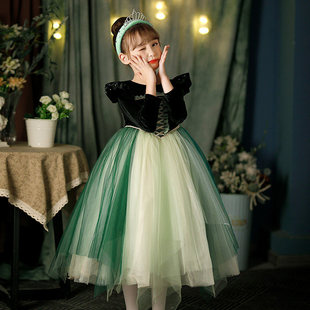 安娜公主裙女童秋冬迪士尼冰雪爱莎ANNA儿童连衣裙Cos万圣节服装