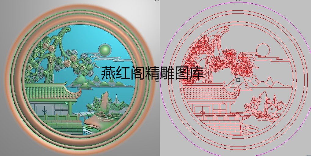 圆形山水精雕图 祥云太阳松树房子圆背板门板152x152灰度图浮雕图