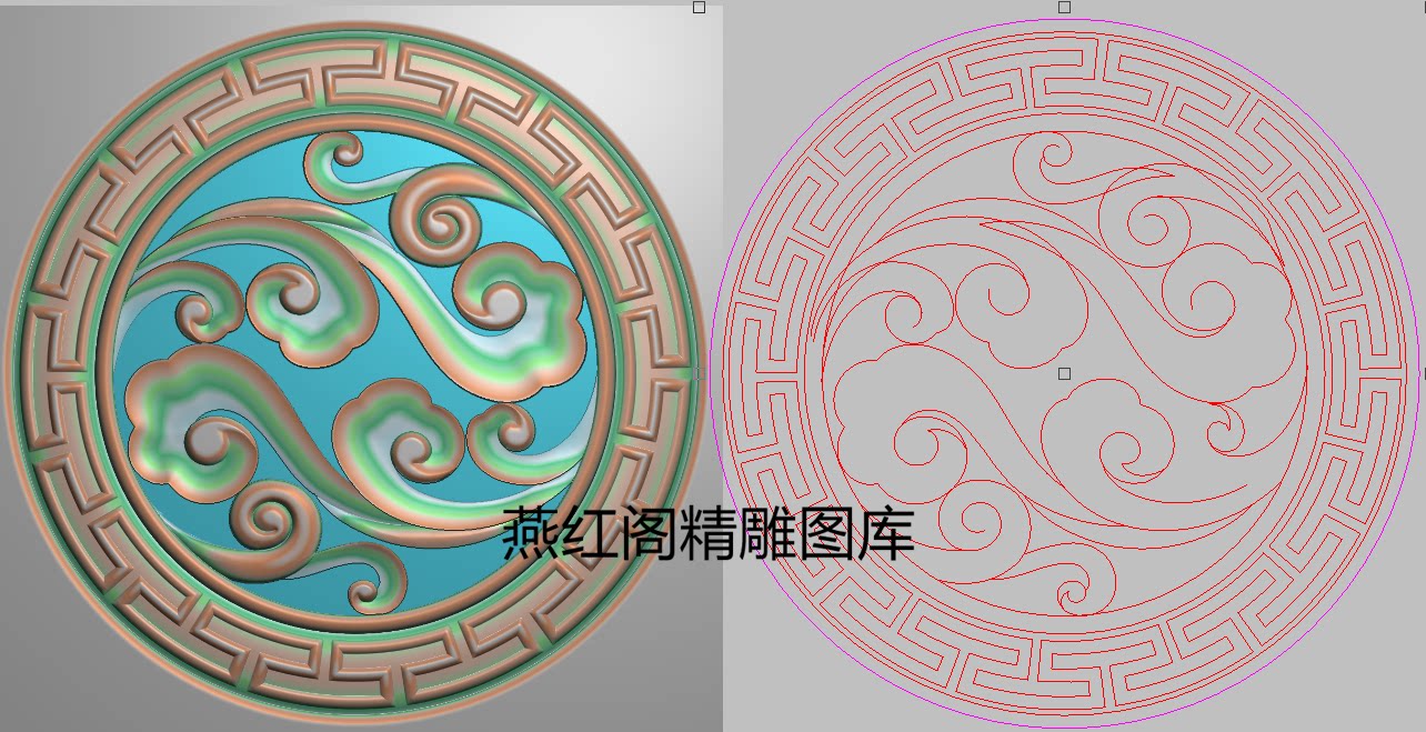 圆工字纹祥云精雕图灰度浮雕图祥云洋花勾圆背板边板门板218x218