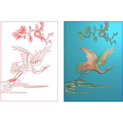 带线精品檀雕松鹤祥云精雕图 竖向花鸟背板书柜门板灰度图浮雕图