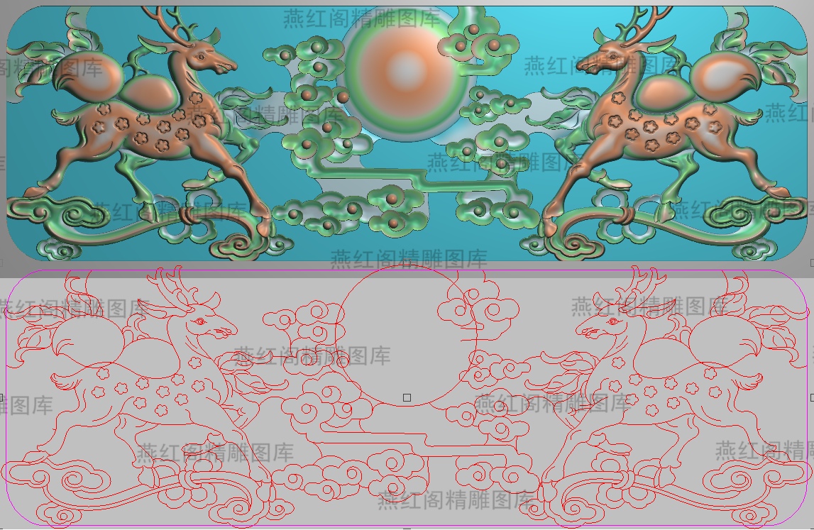 精雕图灰度浮雕精品梅花鹿祥云灵芝如意寿桃镂空围板横板467x149
