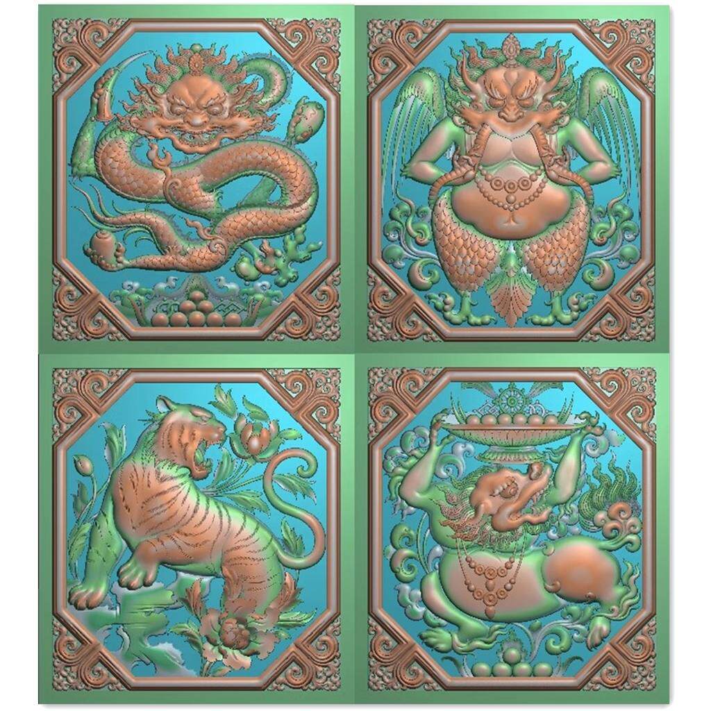 精雕图浮雕图藏式 新四大王门板方形板 四大神兽虎穹龙狮灰度图