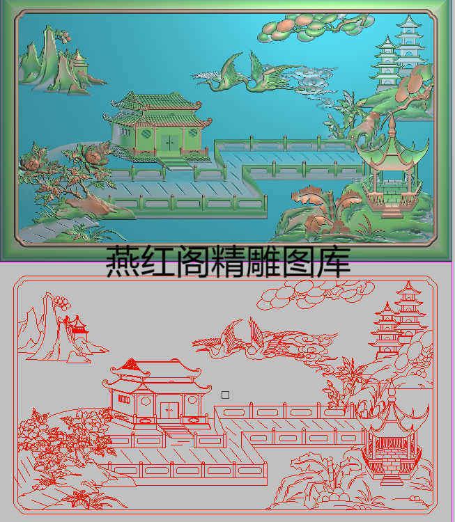 新款精雕图山水背板灰度图浮雕宝塔楼阁房子松鹤凉亭632x373山水