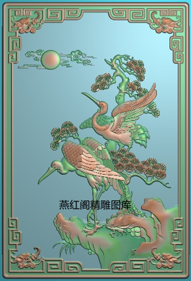 松鹤精雕图jdp灰度图bmp浮雕图石雕精品花鸟祥云松鹤背板门板竖板