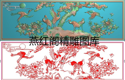精雕图松鹤花鸟沙发床靠背灰度图浮雕祥云仙鹤牡丹花背板972x304