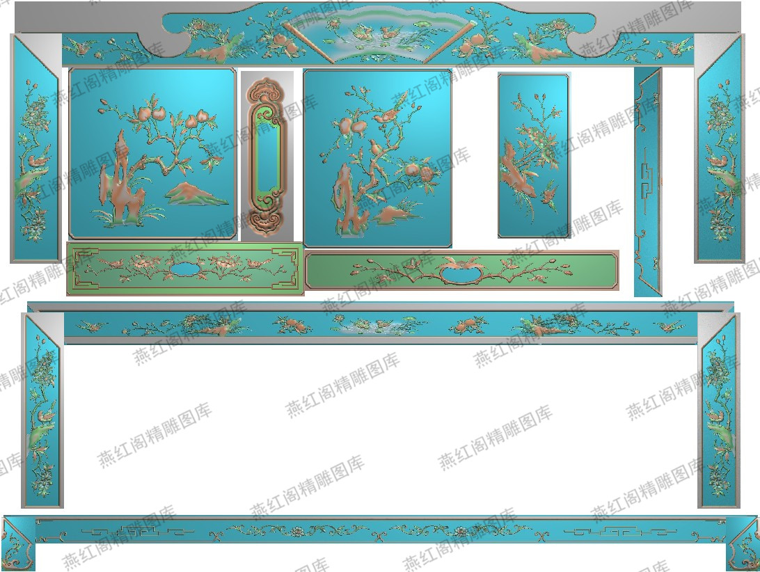 精雕图花鸟大床灰度图荷花鸳鸯浮雕图桃子石榴精品富典大床套图