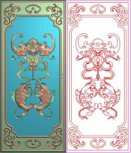 精雕图蝙蝠铜钱吊双鱼椅背板 灰度图龙头鱼沙发边板门板133x310