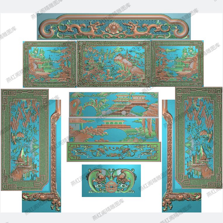 新款山水罗汉床精雕图 草龙大床靠头顶花脑蝙蝠围板精雕图浮雕图