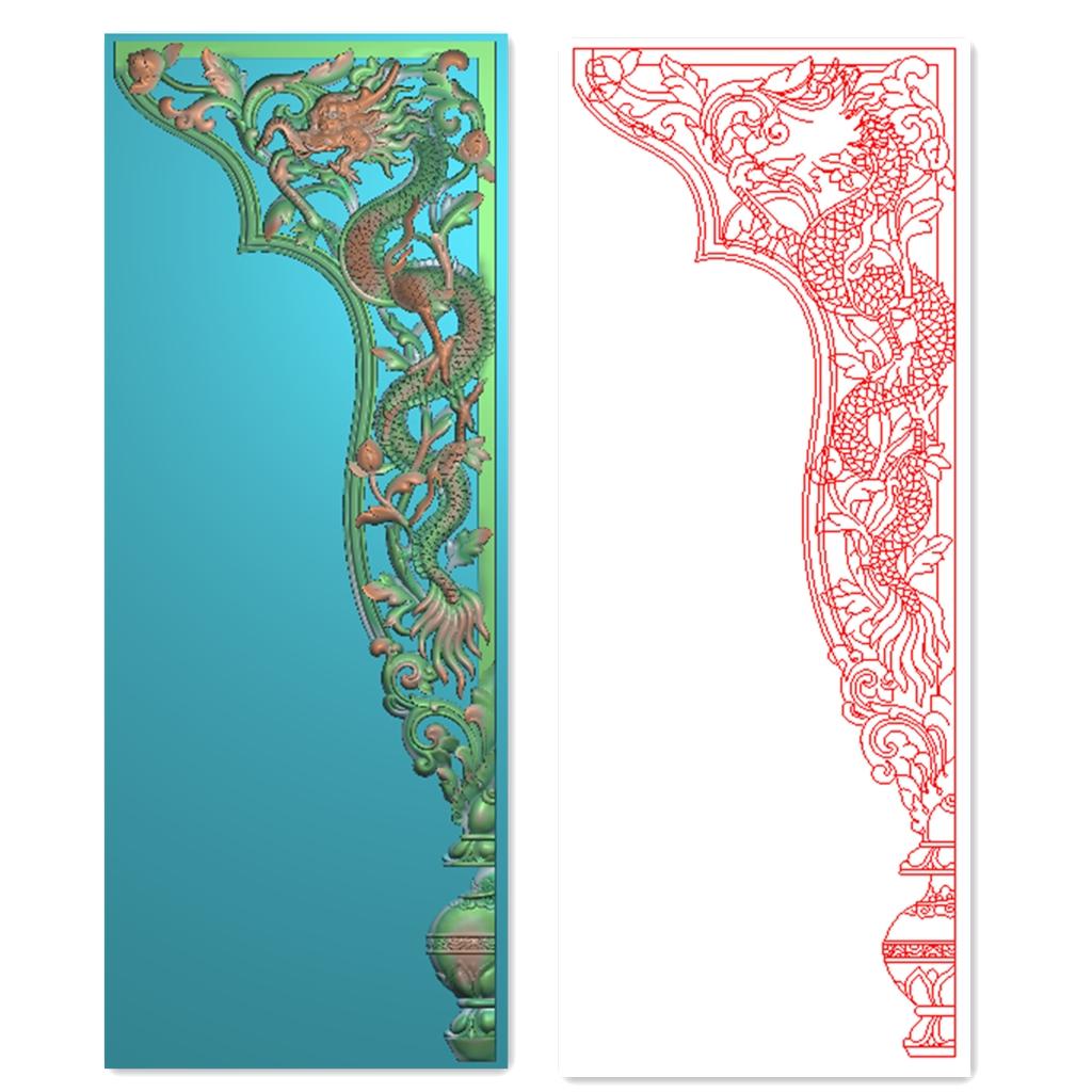 藏式佛柜龙挂落精雕图浮雕图 龙柜门口花框角花窗花精雕图灰度图