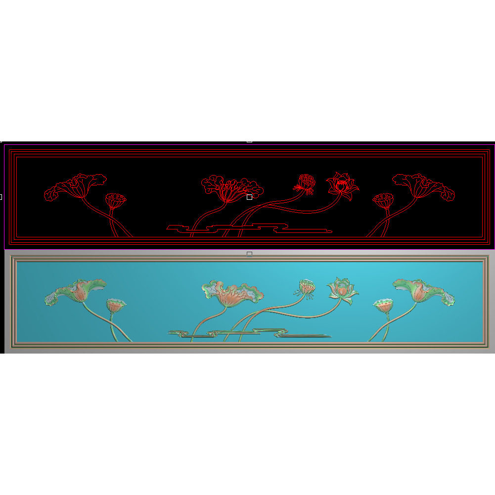 简单荷花沙发大床靠背板莲花水纹横板精雕图灰度图浮雕图1400x300