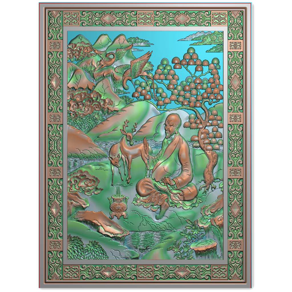 藏式长寿板 山水鹿鹤寿星竖向花板门板屏风精雕图灰度图浮雕图jdp