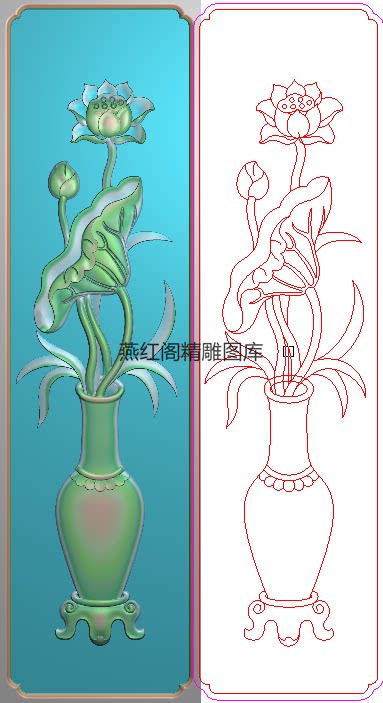 精雕图荷花花瓶餐椅背板灰度图浮雕图兰花莲花沙发前脚中柱边板竖