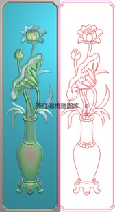 精雕图荷花花瓶餐椅背板灰度图浮雕图兰花莲花沙发前脚中柱边板竖