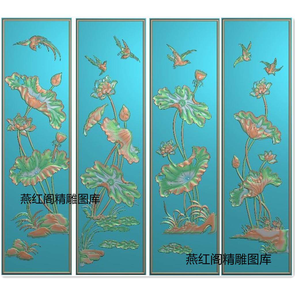 新款精雕图檀雕花鸟荷花顶箱柜大门板灰度图衣柜竖板浮雕莲花挂屏