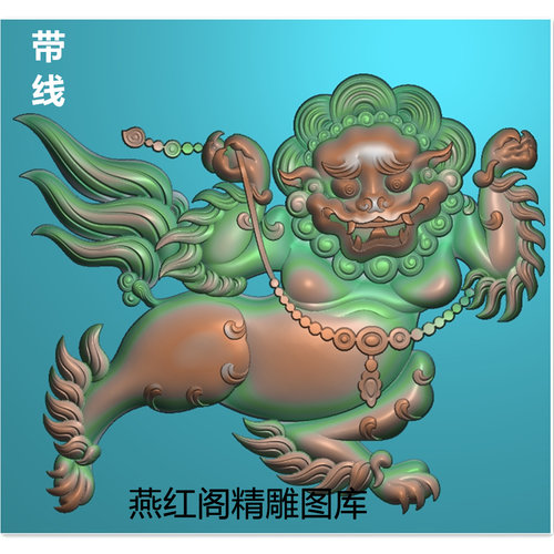 带线藏式狮子精雕图动物浮雕图，藏式举狮子 单狮子精雕图灰度图