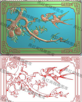 新款檀雕桃子花鸟精雕图灰度图浮雕图精品桃枝燕子椅背板391x258
