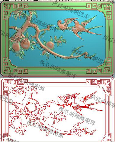 新款檀雕桃子花鸟精雕图灰度图浮雕图精品桃枝燕子椅背板391x258