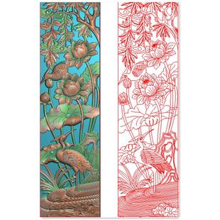 竖向镂空花鸟荷花仙鹤柳树书柜门板大门竖屏藏式深雕精雕图灰度图