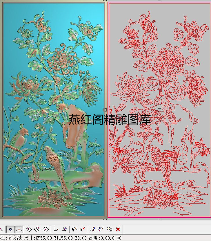 精雕图灰度图浮雕图山水花鸟门板四季花草鹦鹉菊花竖背板555x1155