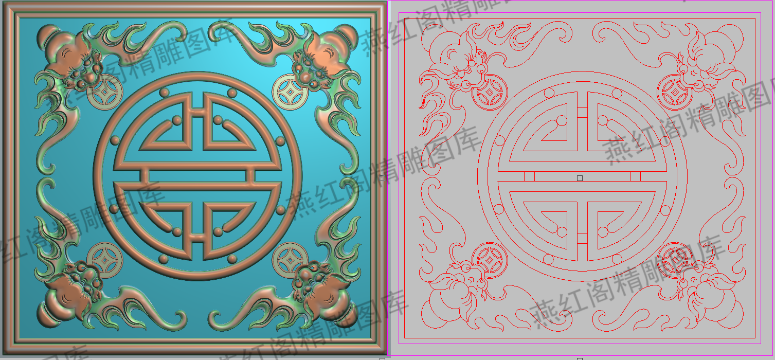 精雕图灰度图浮雕蝙蝠铜钱角花金钱方形寿字 福字花几面板266x245
