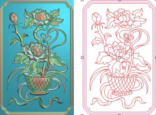 精雕图灰度图浮雕图牡丹花瓶花篮花草盆栽背板门板竖花板140x224
