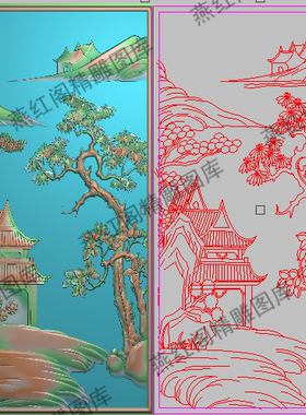 精雕图灰度图精品山水楼阁松树枫树房子背板边板后板门板192x366