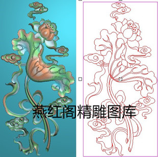 新款荷花莲花祥云八宝竖背板书柜门板82x171精雕图灰度图浮雕石雕