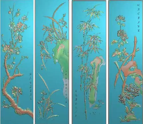 新款精雕图灰度图梅兰竹菊四季花背板门板竖条挂屏屏风138x461