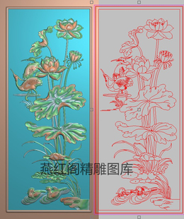 精雕图荷花鹤餐椅背板灰度图浮雕图花鸟门板竖板莲花鸳鸯167x390