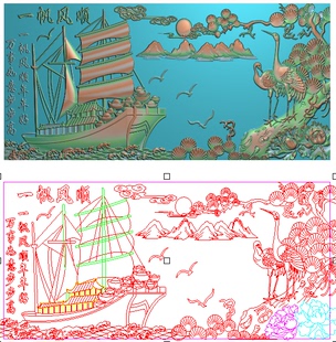 一帆风顺精雕图帆船元宝 祥云山水 日出 松鹤 灰度图背板木雕石雕