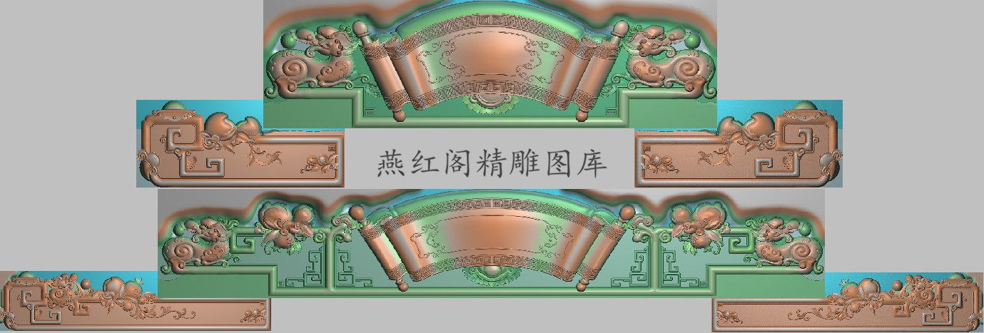 精雕图富贵祥和沙发床椅脑灰度石榴寿桃狮子耳朵浮雕卷书貔貅靠头