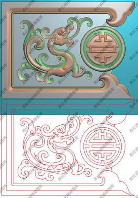 高清精雕图灰度图浮雕图电脑雕刻图 精品草龙寿字边角花110x79