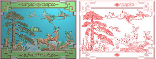 鹿山水精雕图灰度图浮雕图电脑精品迎客松梅花鹿松鹤背板402x313