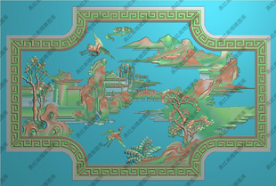 山水精雕图灰度浮雕图新锦上添花沙发山水椅背板1祥云仙鹤558x367