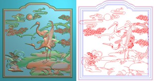 松鹤延年精雕图灰度图浮雕图精品檀雕花鸟沙发椅背板松鹤332x358