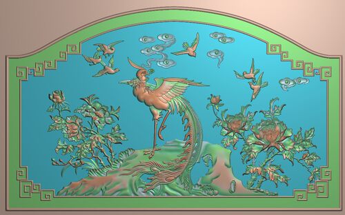 高清精雕图灰度图浮雕图电脑雕刻 精品祥云凤凰牡丹鸟背板623x380