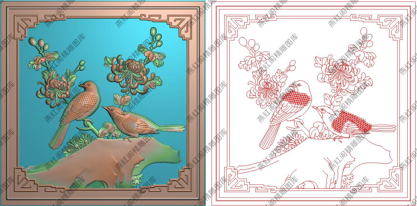 精雕图檀雕花鸟灰度图浮雕图雕刻图精品菊花双鹊花几面板394x394