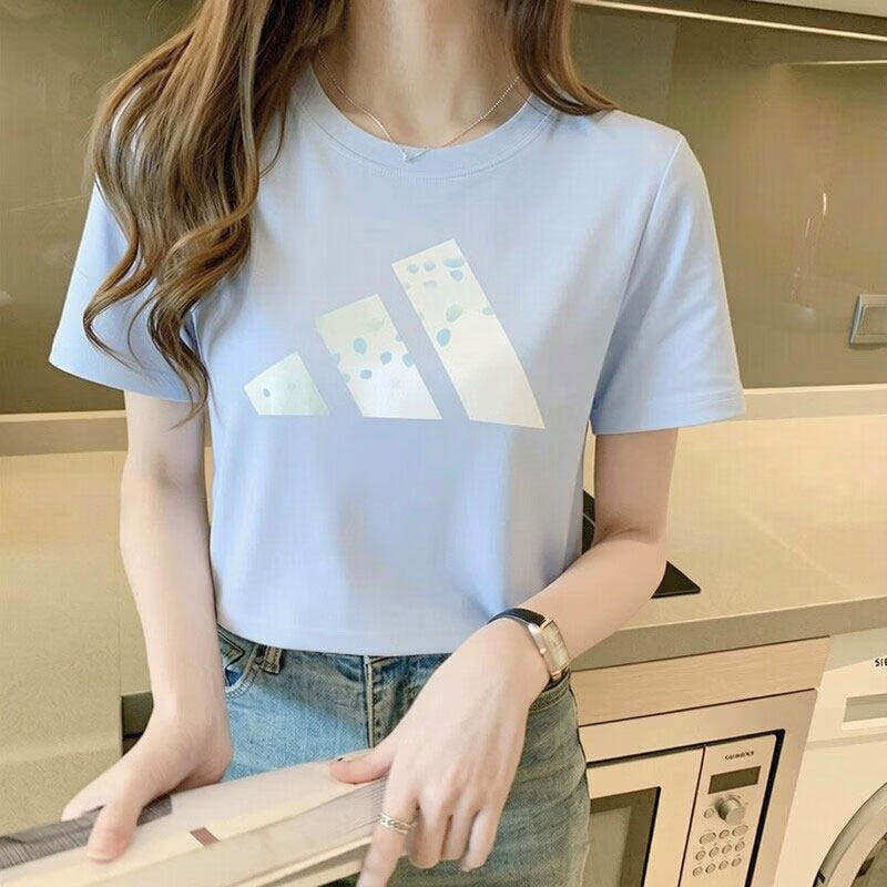 阿迪达斯短袖女夏季正品透气百搭跑步健身瑜伽女运动服蓝色棉T恤