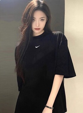 NIKE耐克休闲厚实短袖女上衣运动宽松简约黑色纯棉T恤FD4150-010