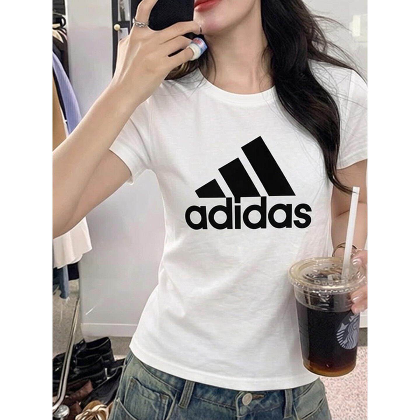 阿迪达斯白色短袖女夏季透气正品大logo修身显瘦运动服上衣女T恤