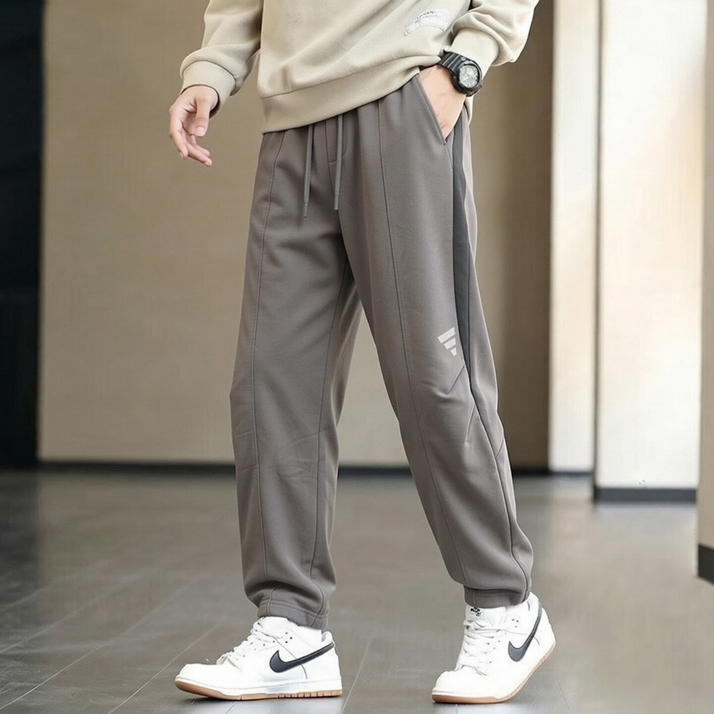 阿迪达斯直筒裤男长裤秋季复古针织运动裤美式宽松卫裤灰色弯刀裤