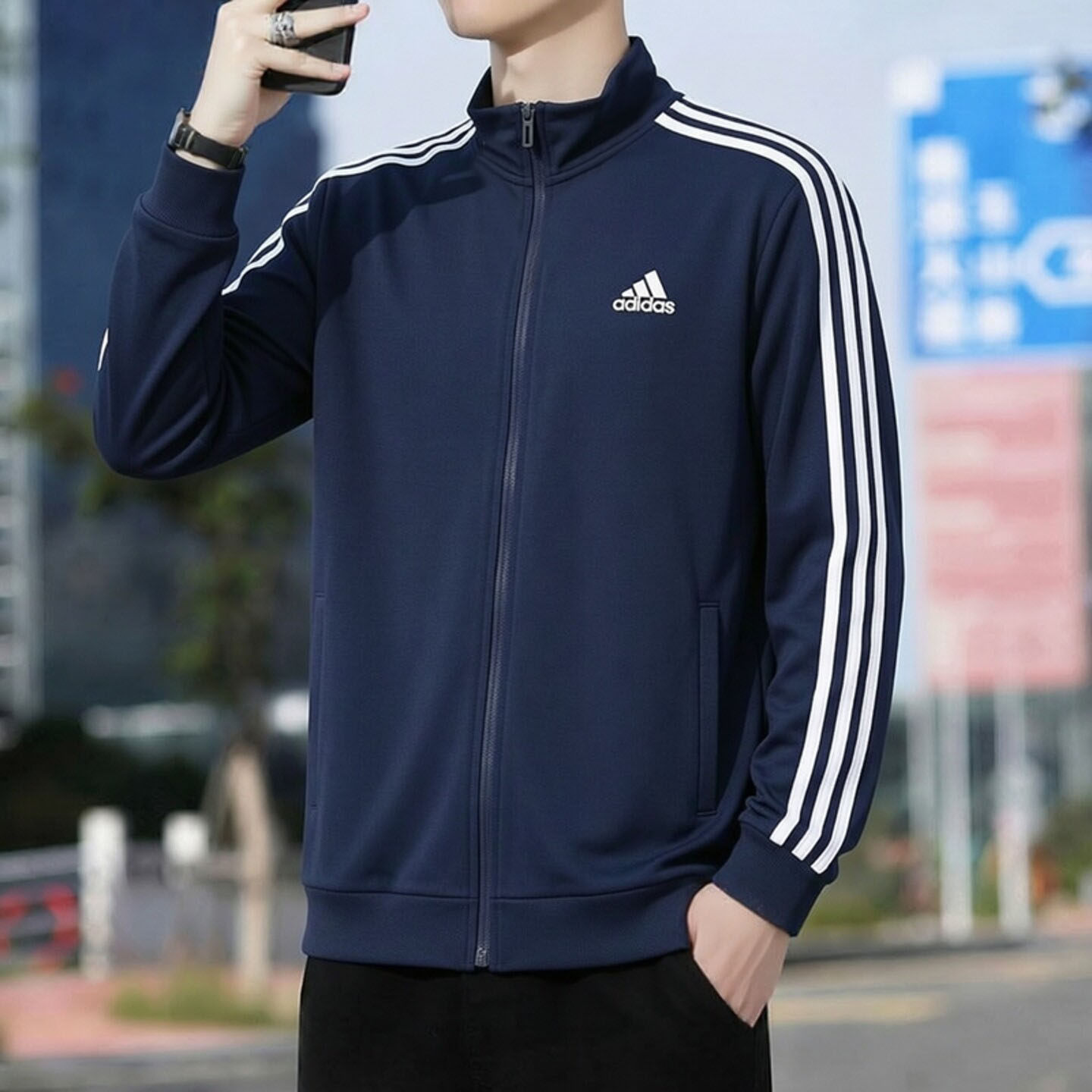 蓝色外套男防风衣秋季新款阿迪达斯运动服开衫男士复古三条纹夹克