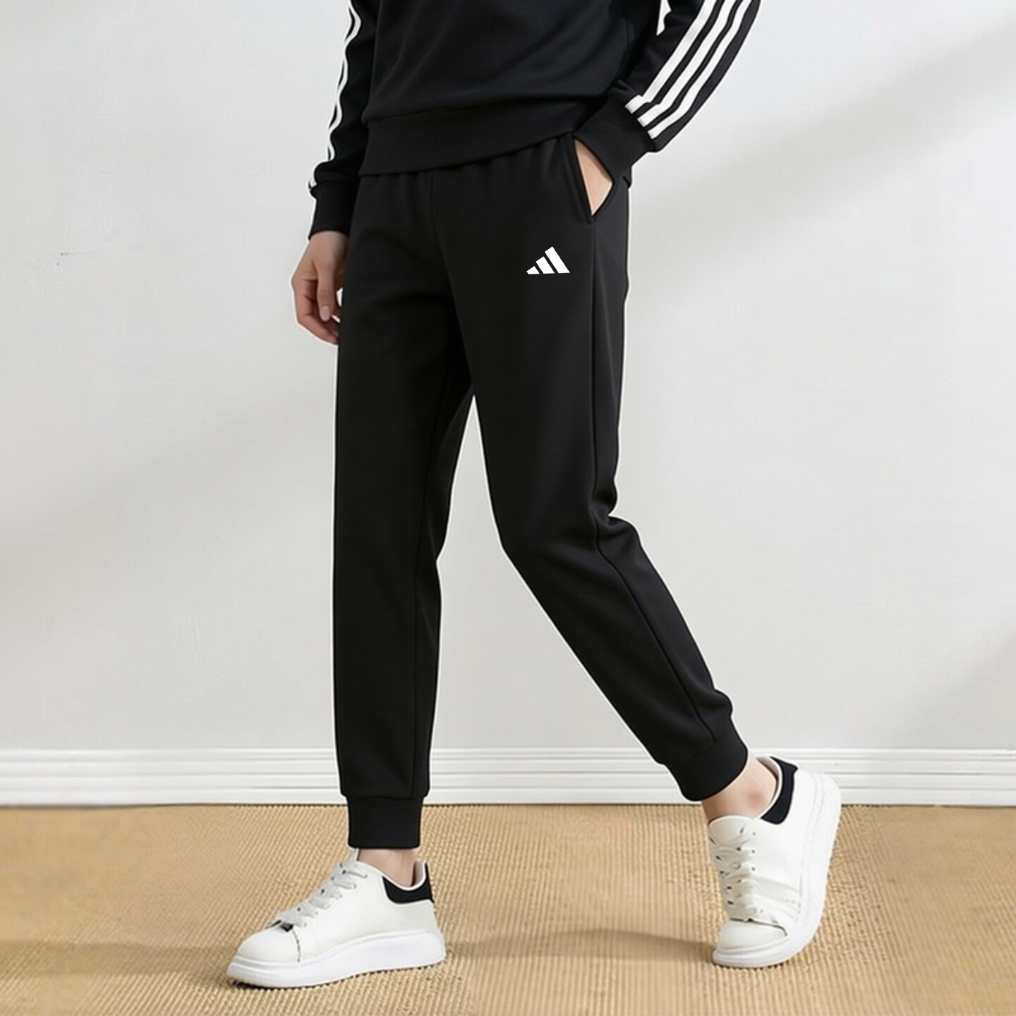 正品阿迪达斯女子卫裤加厚防风运动长裤纯色针织休闲束脚九分裤