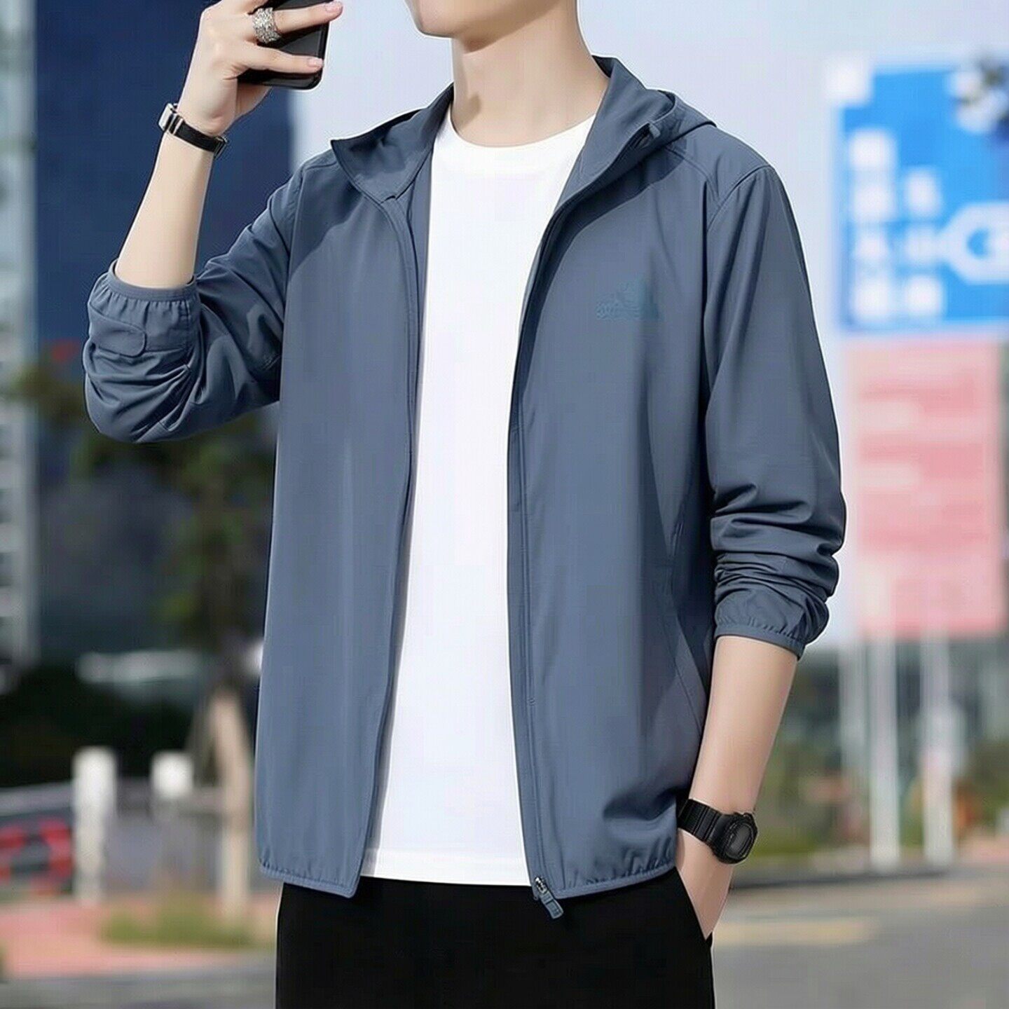 Adidas梭织运动外套男子新款户外防风透气宽松开衫休闲连帽风衣