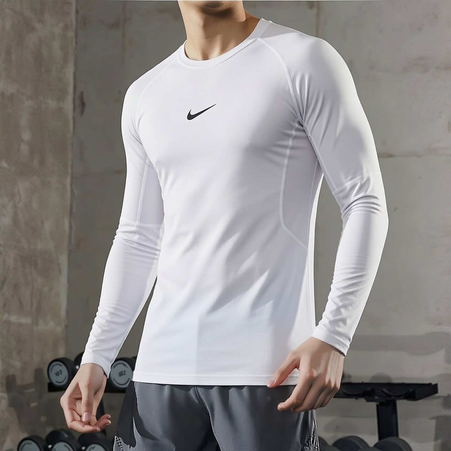 NIKE耐克白色健身长袖男子速干紧身衣新款跑步训练运动服透气上衣