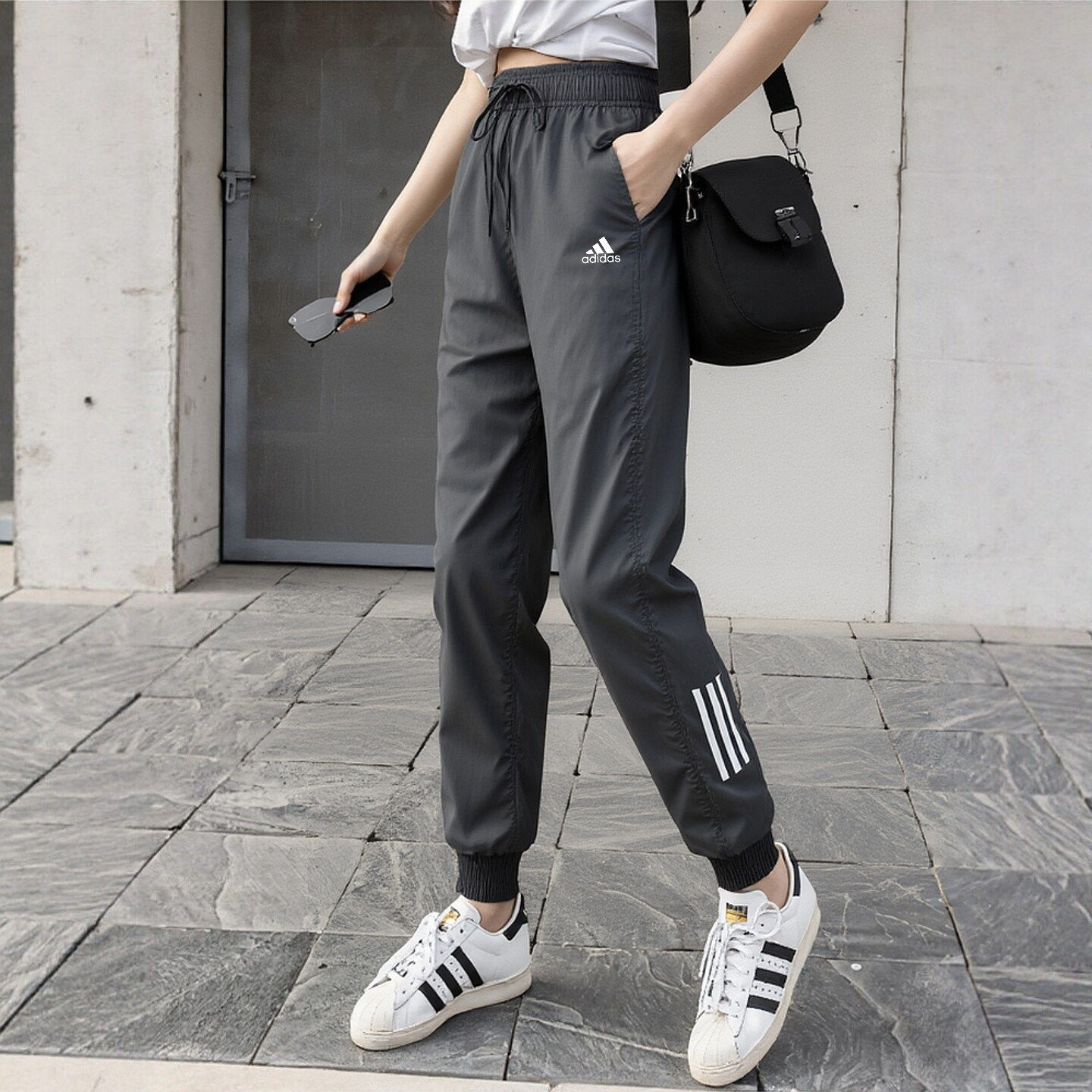 阿迪达斯灰色高腰运动裤女新款宽松休闲新款美式束脚灯笼卫裤子